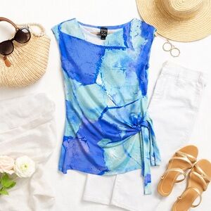 Clara Sunwoo | Blue Abstract Print Side Tie Top | Stretch Knit | XS